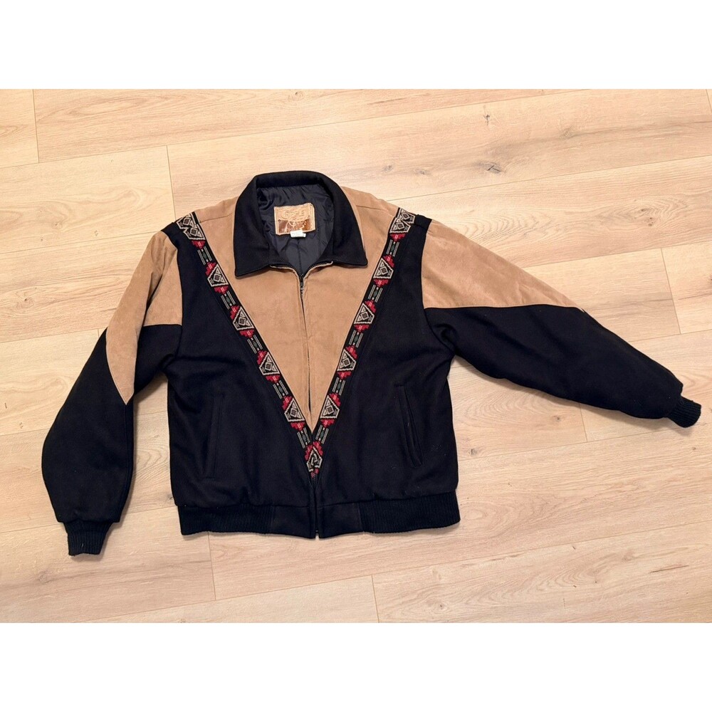 Vintage Cripple Creek Bomber Jacket Mens XL Black Tan Suede Wool Blend Aztec